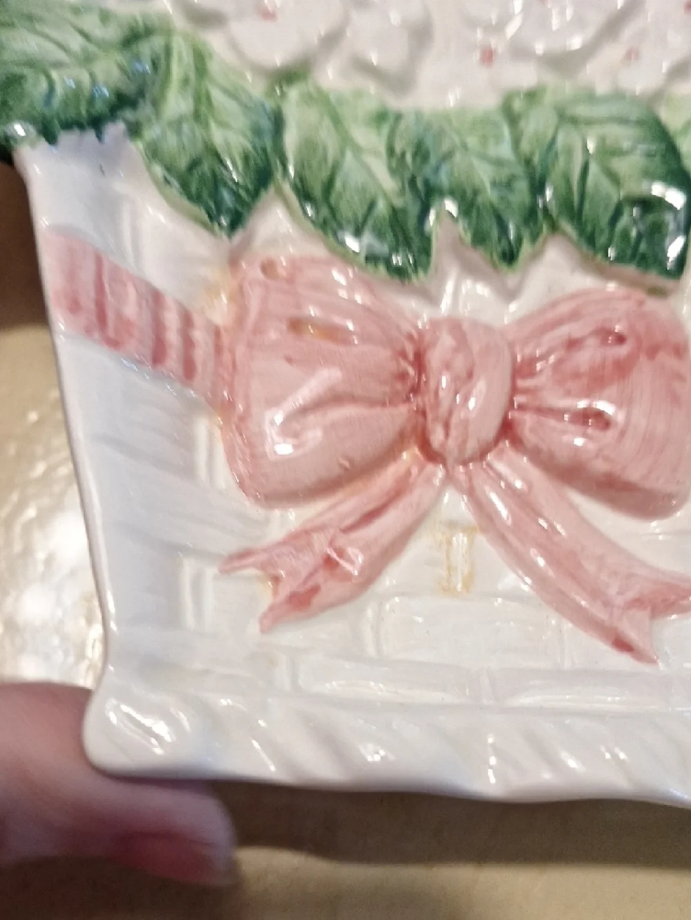 White Ceramic Hydrangea Basket Wall Plaque with Pink Bow
